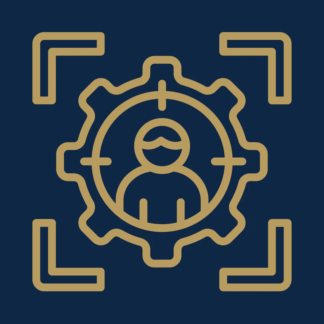 AI-driven search icon with user profile inside a gear, indicating personalized property search.