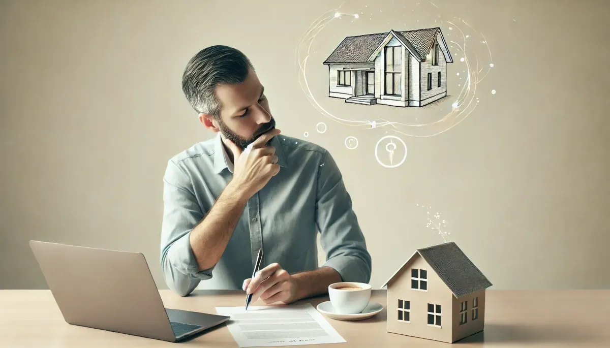 Man thinking about buying a house while reviewing real estate documents with laptop and coffee on desk