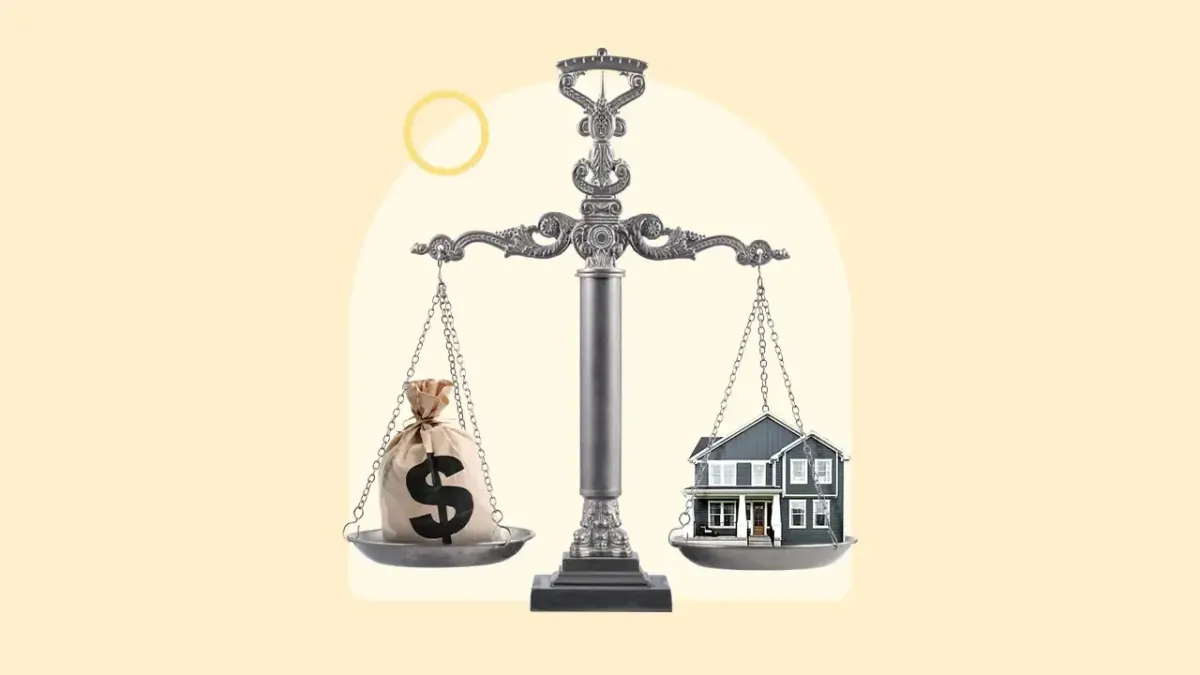 An illustration of a balance scale with a money bag on one side and a house on the other, representing the concept of Loan-to-Value Ratio (LVR) in home financing.