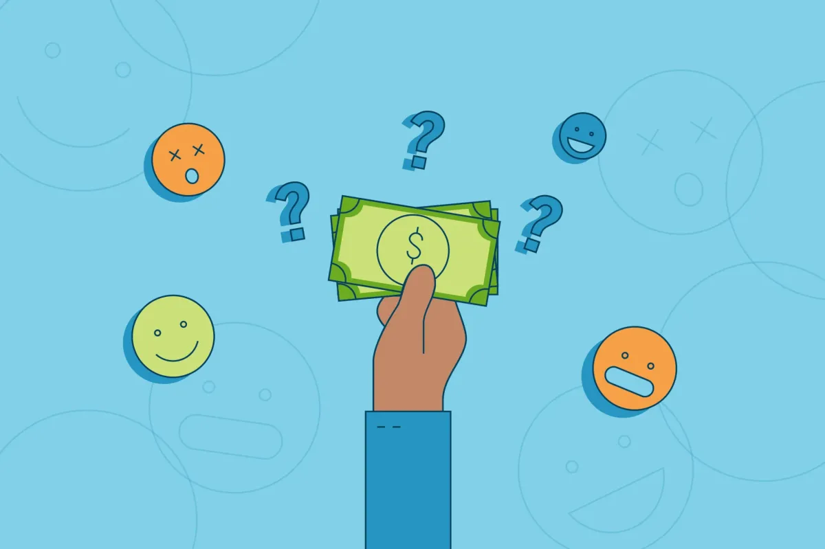 Illustration of a hand holding dollar bills surrounded by question marks and various emoticons showing different emotions on a blue background.
