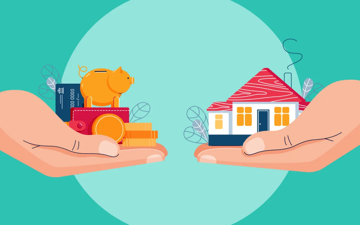 Illustration of two hands: one holding a piggy bank, credit cards, and coins, and the other holding a house, symbolizing financial decisions or investment choices.