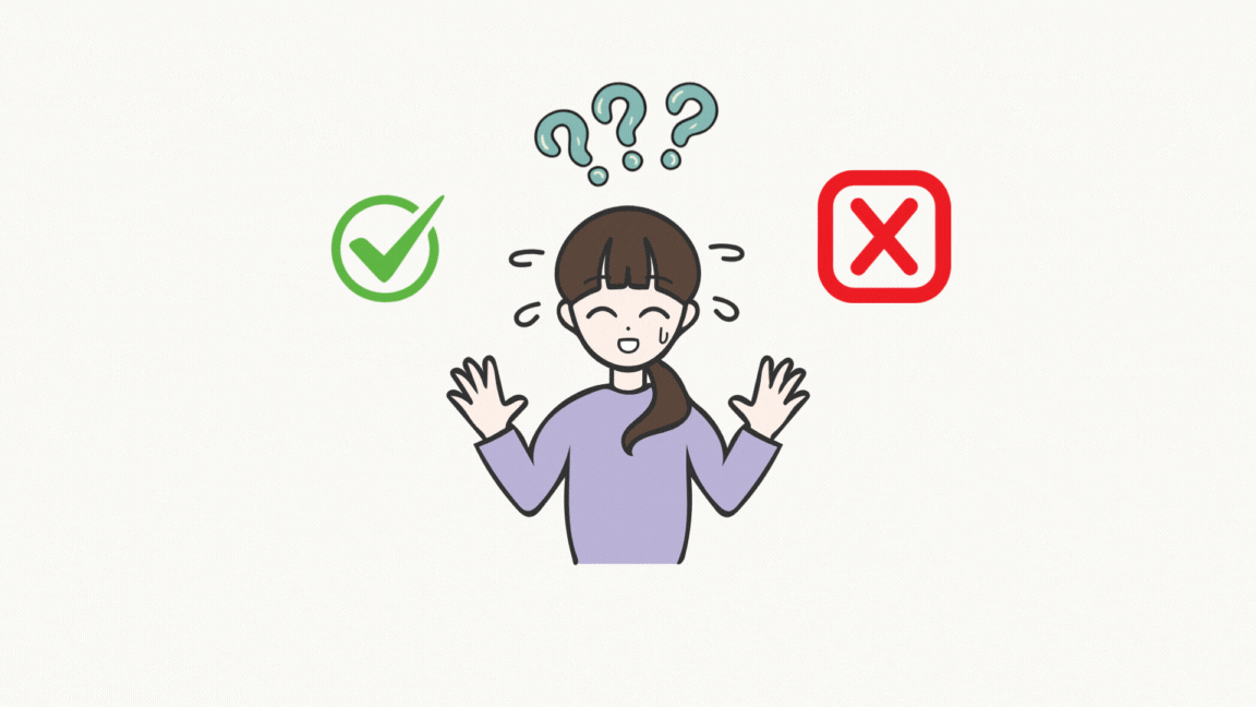 Illustration of a person with a confused expression, sweating and holding their hands up. Above their head are three question marks, with a green check mark on the left and a red cross on the right, representing a decision-making dilemma.