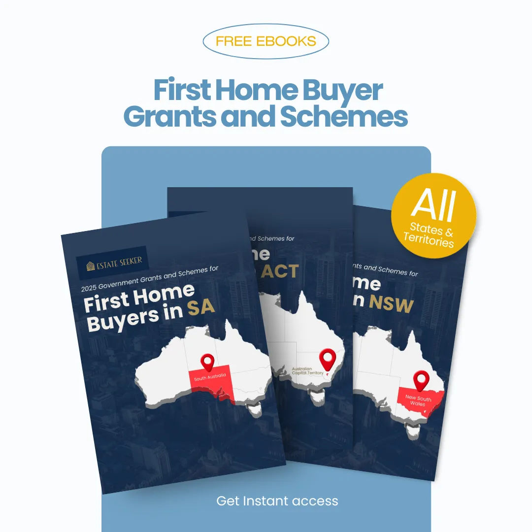 Free downloadable eBooks from EstateSeeker.ai showing 2025 first home buyer grants and government schemes in NSW, SA, and ACT — covering all Australian states and territories.