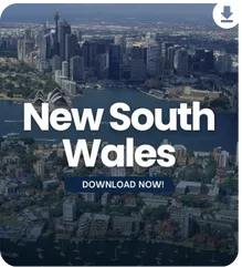 Aerial view of Sydney cityscape with overlay text 'New South Wales – Download Now'.