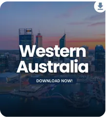 City skyline with iconic buildings at sunset, featuring the text 'Western Australia – Download Now'.