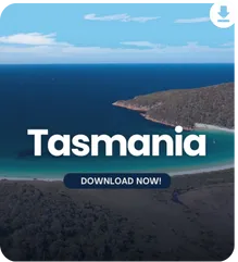 Coastal landscape with turquoise waters and rugged shoreline, overlaid with 'Tasmania – Download Now'.