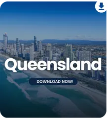 Coastal cityscape with beaches and high-rises under the text 'Queensland – Download Now'.