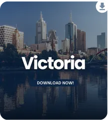 Skyline of Melbourne with reflections in the Yarra River and overlay text 'Victoria – Download Now'.