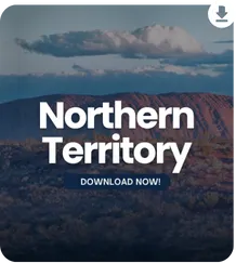 Red rock formations under cloudy skies with the text 'Northern Territory – Download Now'.