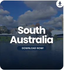 Scenic view of a lake or river under a blue sky, labeled 'South Australia – Download Now'.