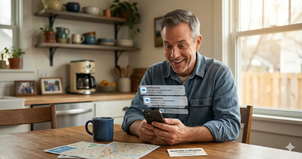 A Nashville small business owner looking genuinely surprised and happy at his phone showing new appointment notifications. 