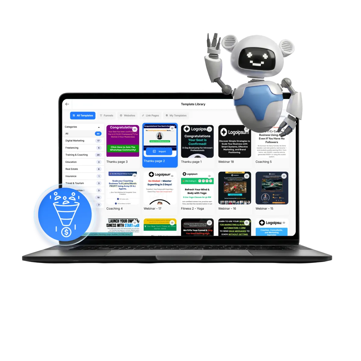 Page builder canvas showing drag-and-drop sections, preview toolbar and template thumbnails