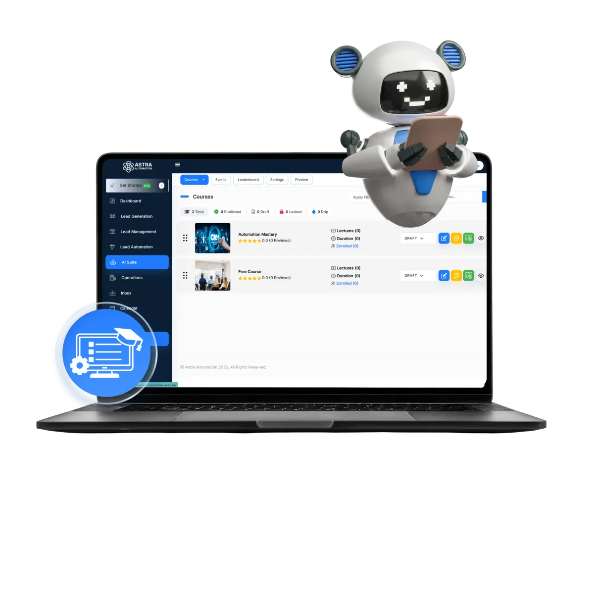 LMS dashboard mockup with course list, progress bars, and student analytics.