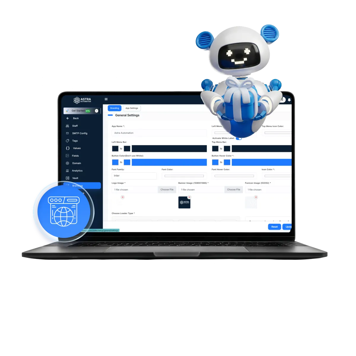 Branded site preview inside a rounded card showing white-label domain and app icon under your brand.