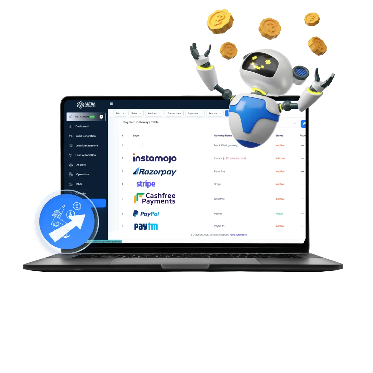Finance dashboard showing revenue trends, invoice list, and cash flow projection.