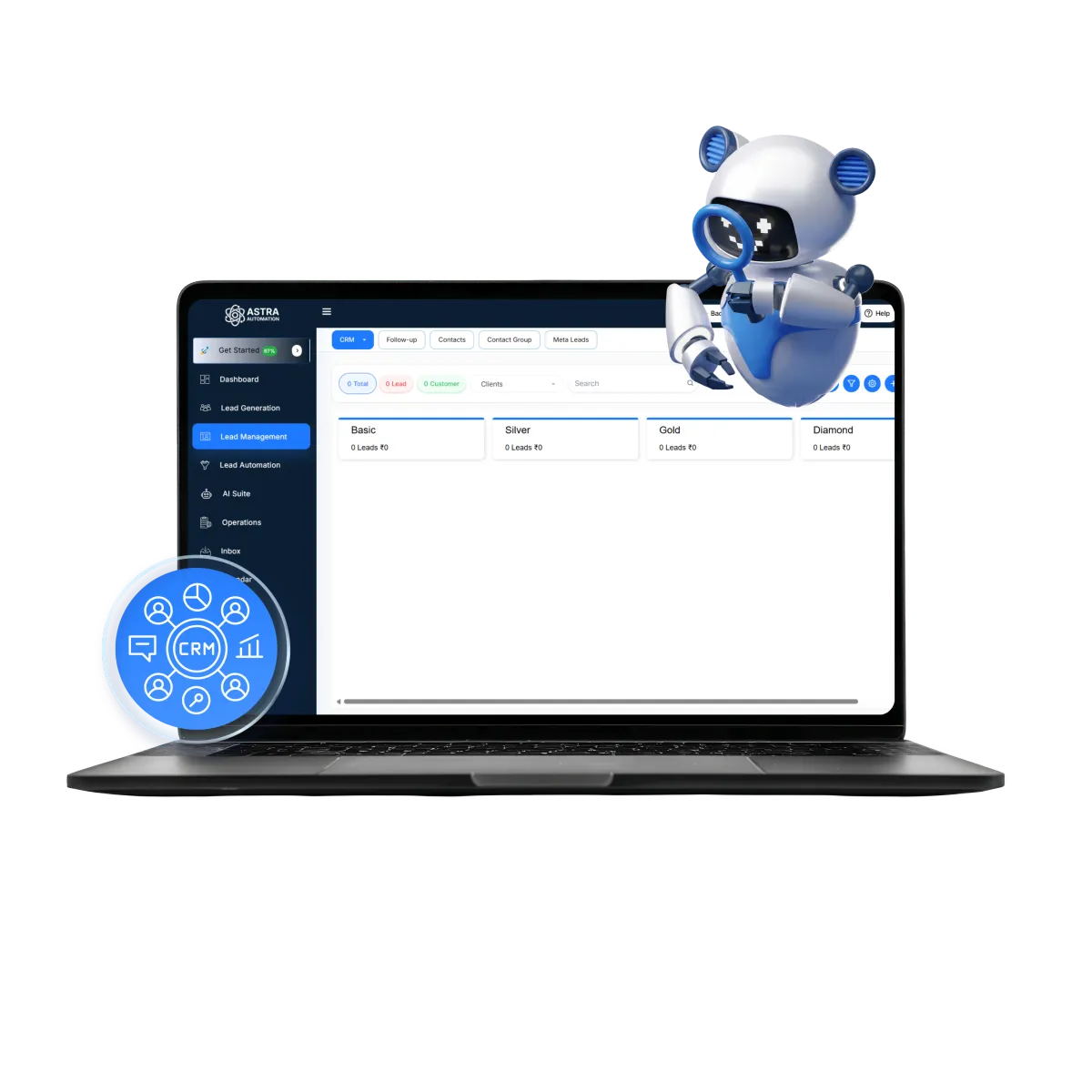 CRM mockup showing deal pipeline, contact timeline and activity feed in Orbit CRM.