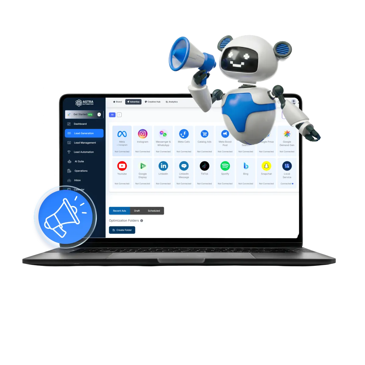 Laptop showing ad campaign dashboard with a playful mascot illustration beside it.