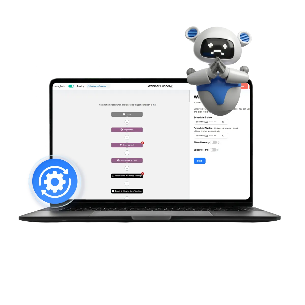 Automation editor interface with triggers, conditional branches, action cards and a central workflow canvas.