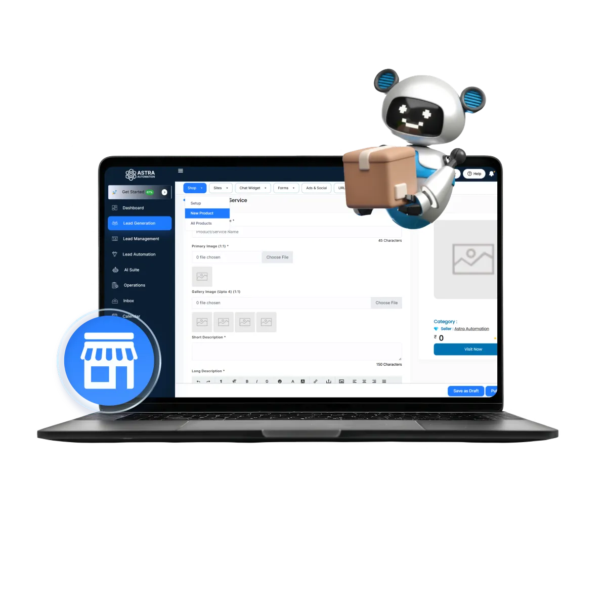 Product mockup showing an ecommerce product page created with StoreCraft: product image, price, CTA and checkout preview.