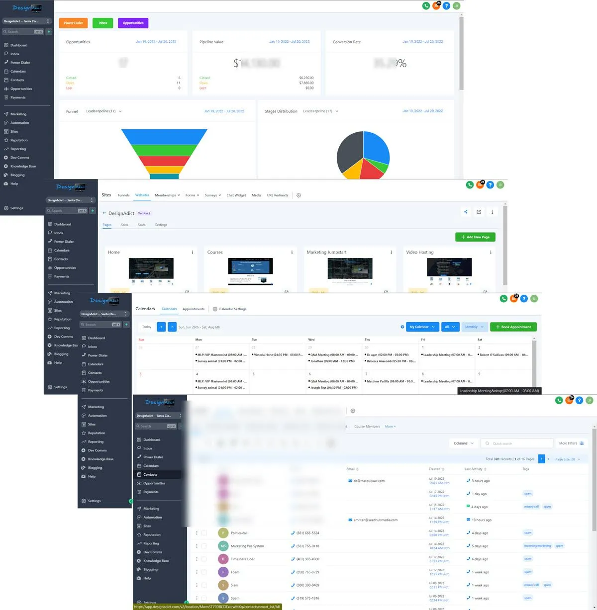 Business in a Box Screenshots - Dashboard - Websites - Calendaring - Contact Manager