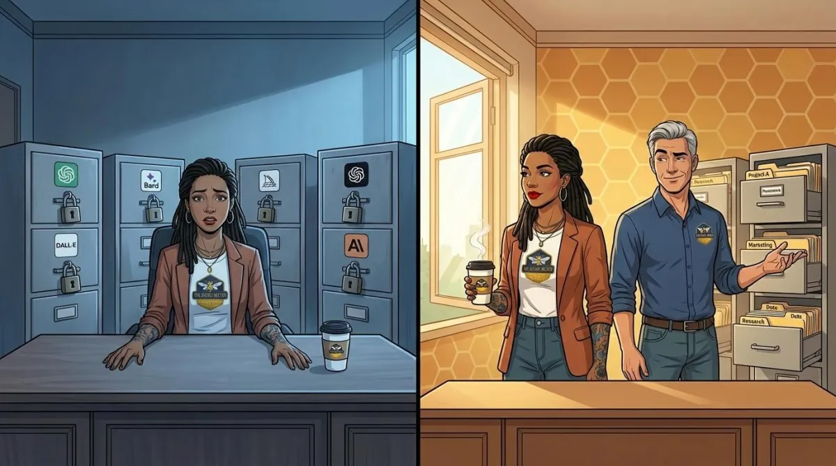 Left panel: Jessica sits alone at a desk surrounded by five locked filing cabinets, expression uncertain, blue-gray tones. Right panel: Jessica and Wilson stand together reviewing organized, unlocked files in warm golden light, both calm and confident. TSN bee logo coffee cup visible in both panels.