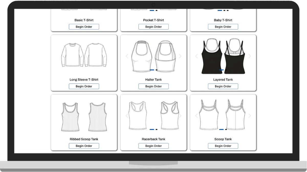 Laptop mockup displaying a grid of blank apparel styles by Daybreke Originals