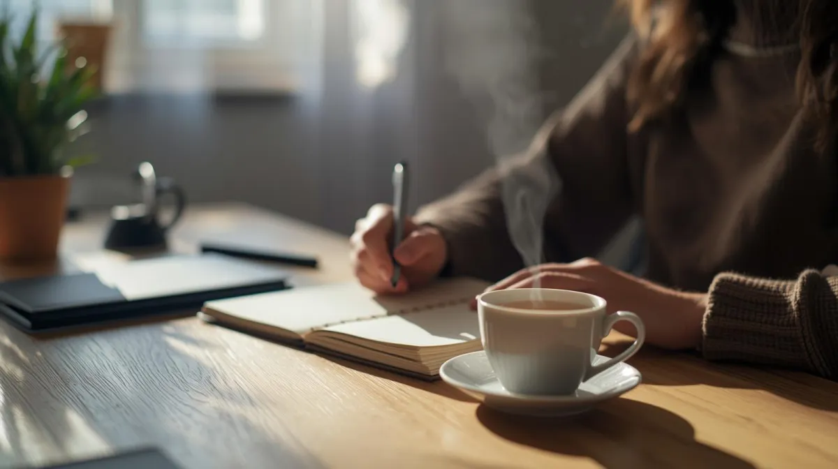 Woman sitting a desk wth a cup of tea writing in her ournal