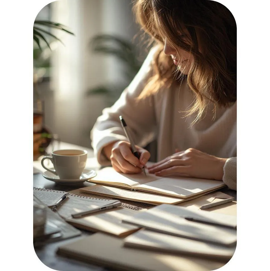 Image of a women with dark hair writing in her journall, sitting at a desk with a cup of tea.