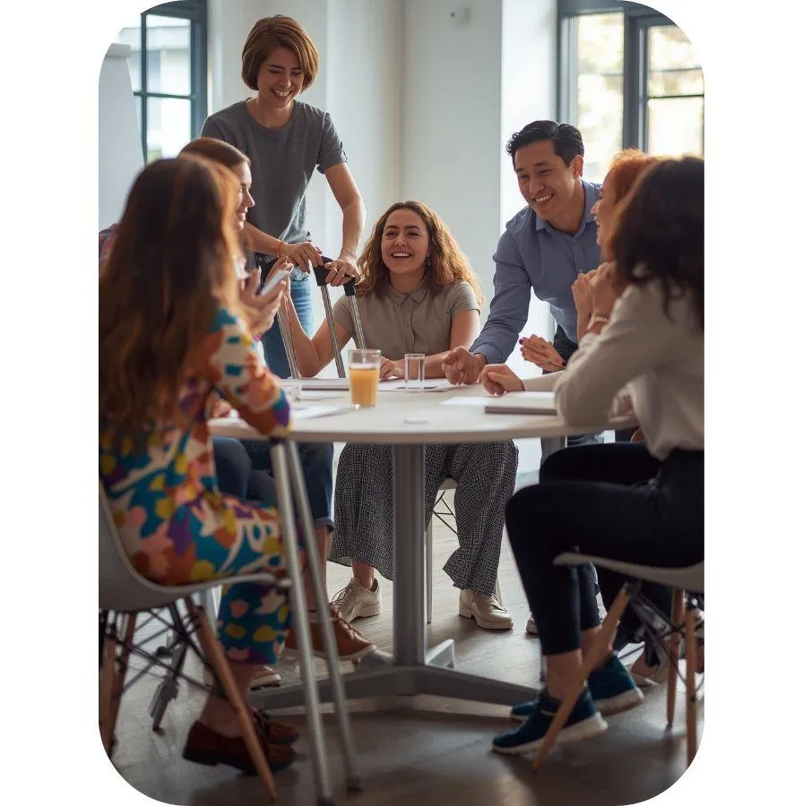 Group of inclusice people sitting round a conference table