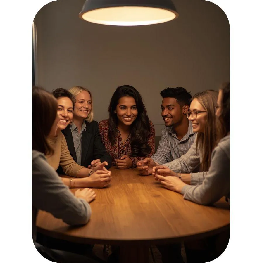Diverse group of people chatting around a table