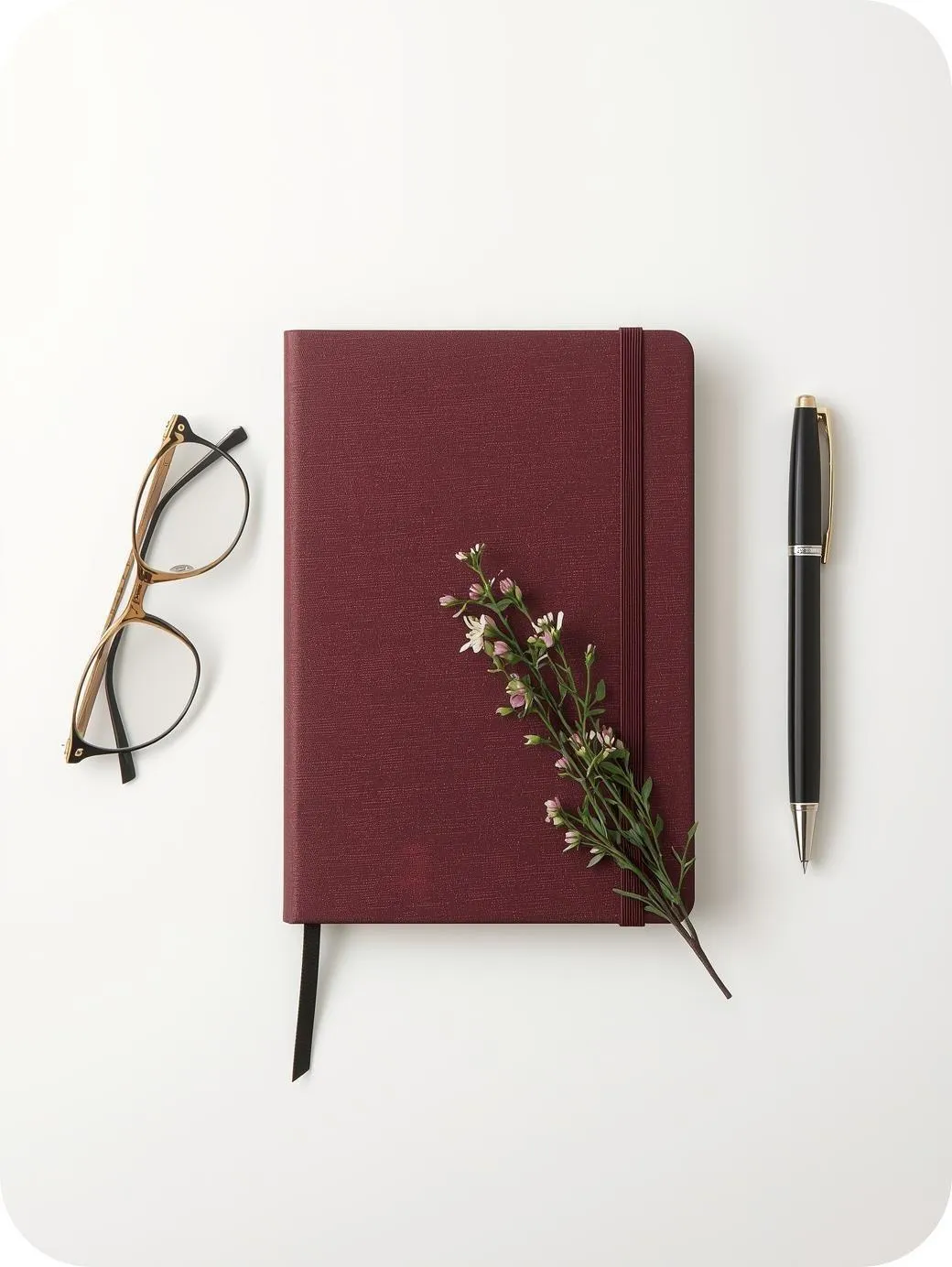 Image of a burgundy notebook, pen and glasses.