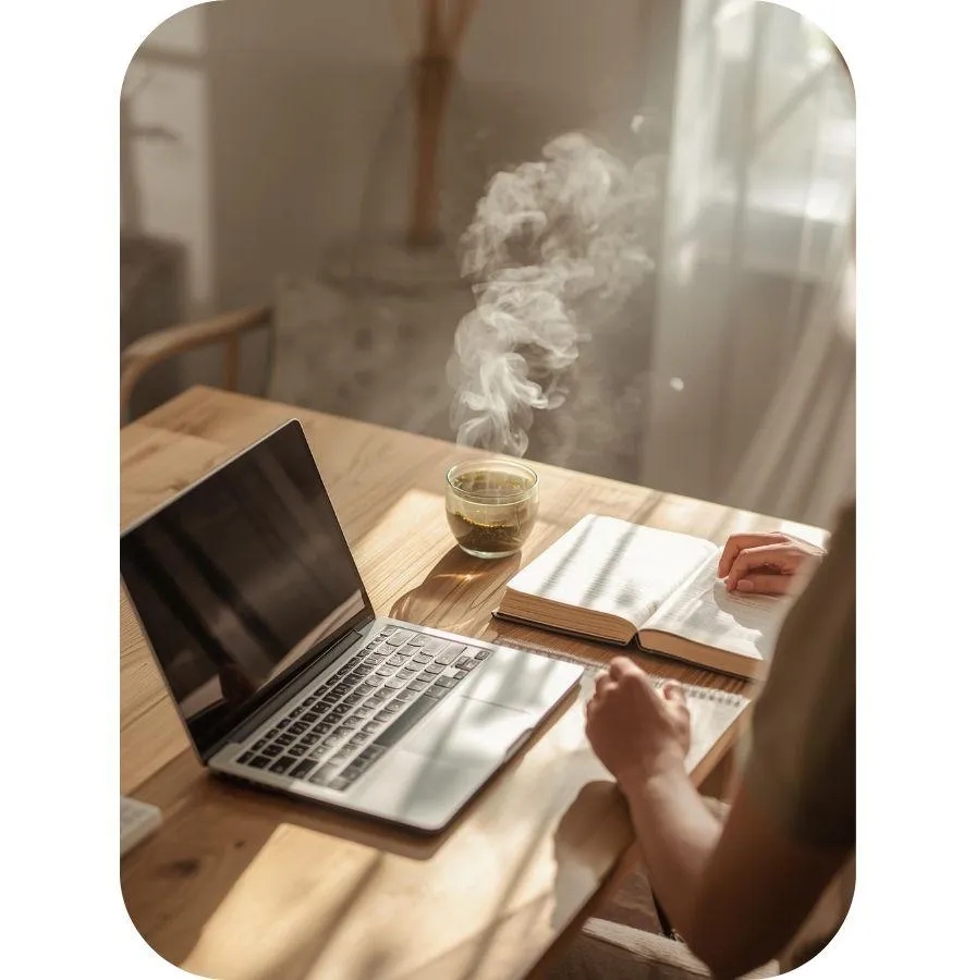 Person sitting at desk with a laptop and a steaming mug of tea