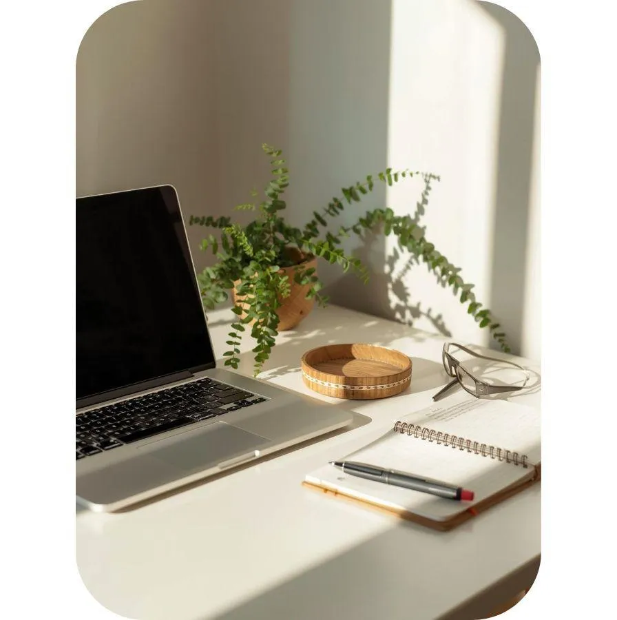 image of a plant, laptop, notebook and pen on a desk