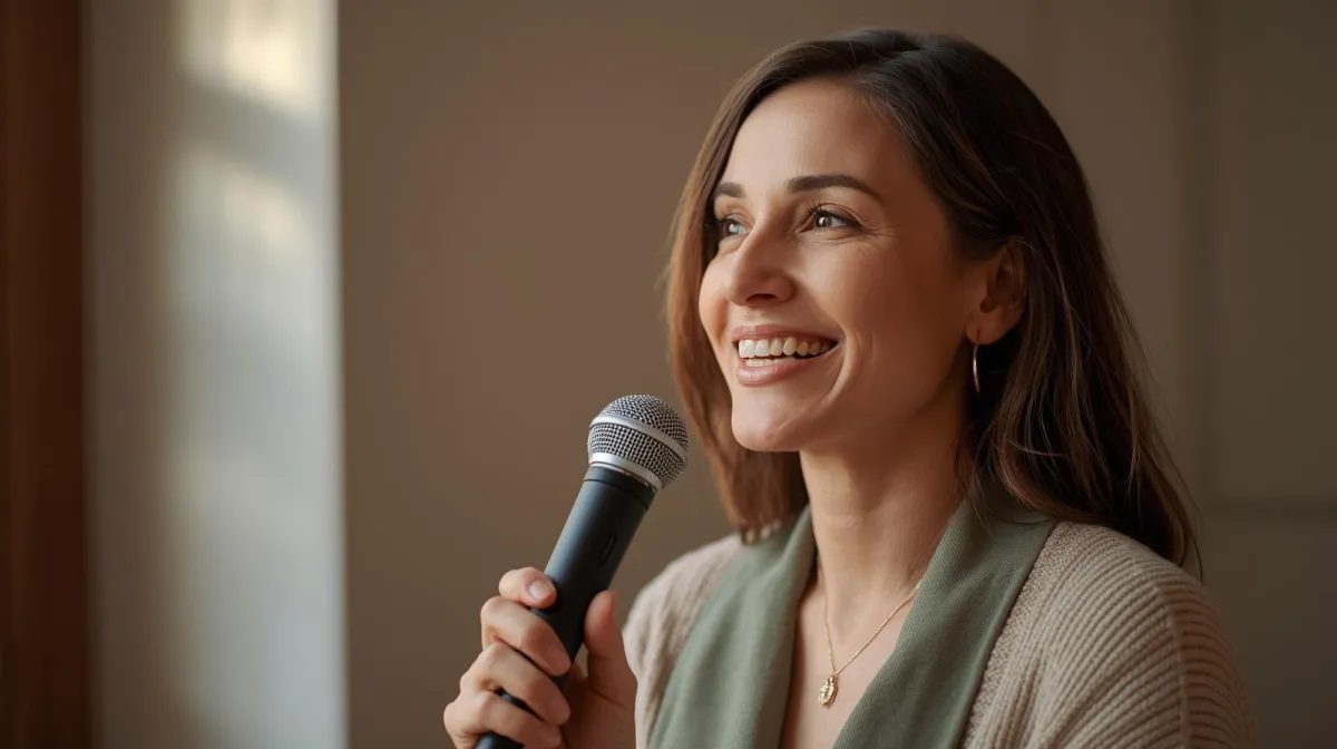 Woman with dark hair holding a microphone