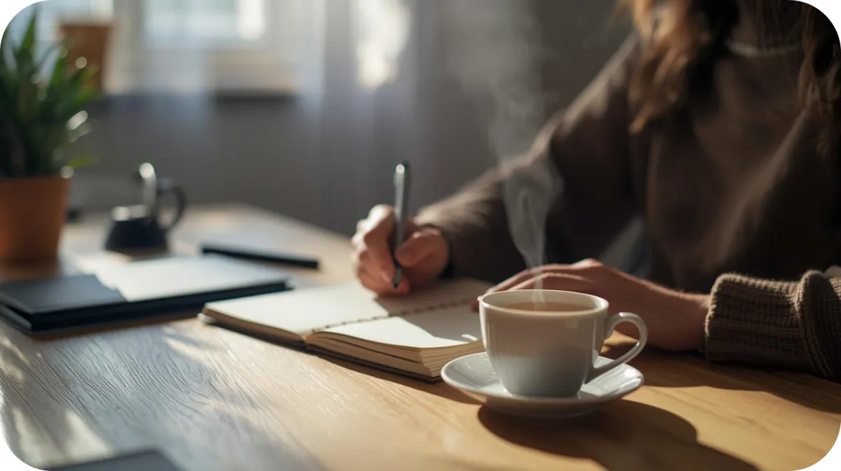 Woman journaling at her desk with tea
