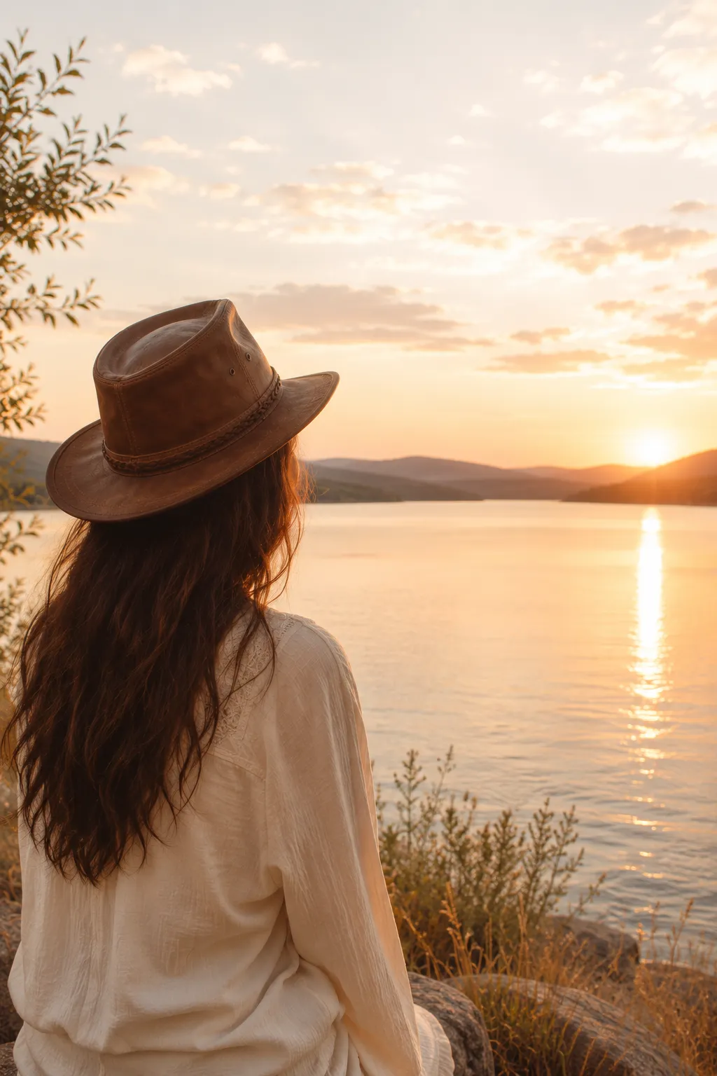 Image of a woman wearing a hat looking out over a loch