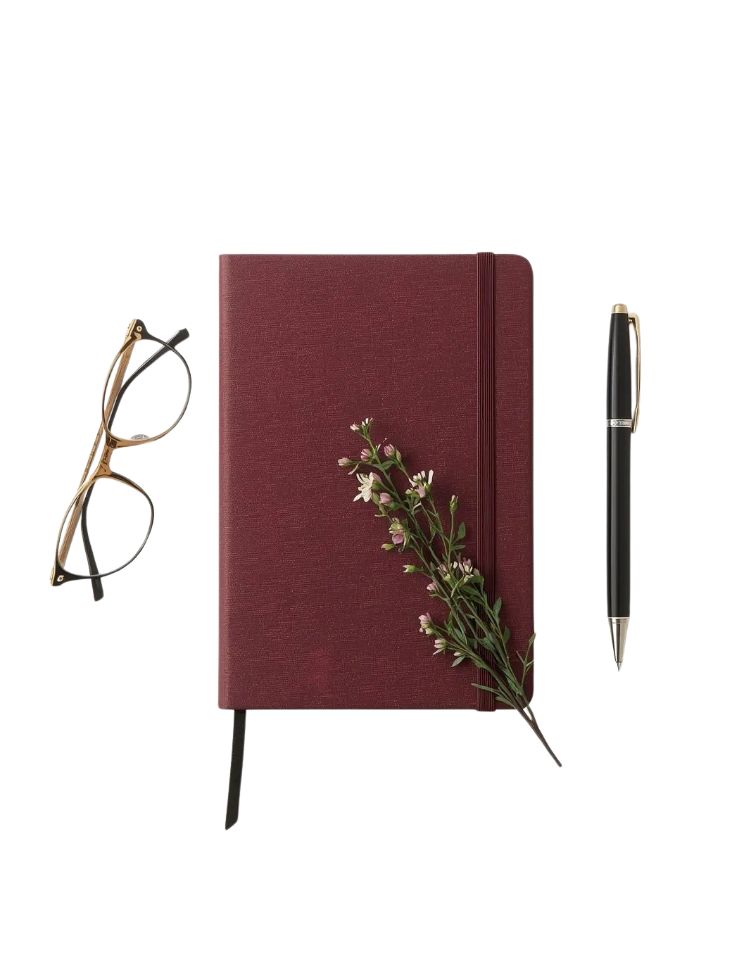 Image of a burgundy notebook, pen and glasses.