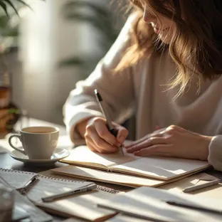 Image of a women with dark hair writing in her journall, sitting at a desk with a cup of tea.