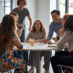 Group of inclusive people sitting round a conference table