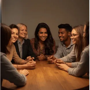 Diverse group of people chatting around a table