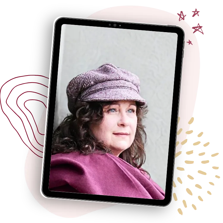 Image of Shirley wearing a burgundy scarf and pink flat cap