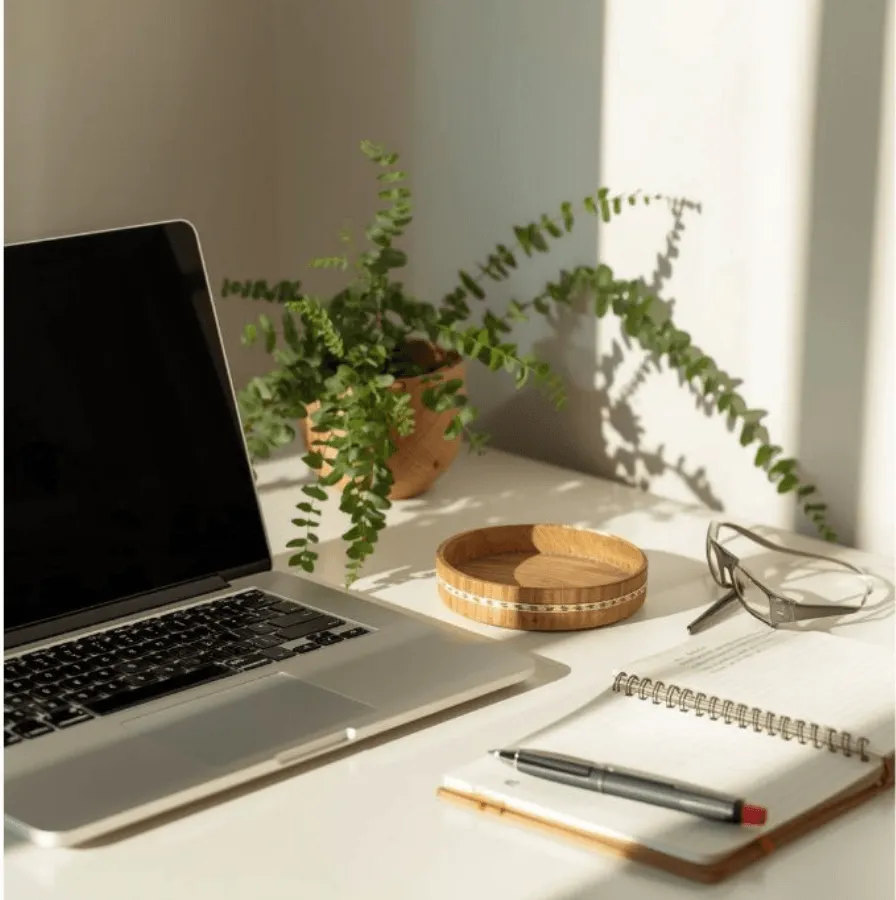 image of a plant, laptop, notebook and pen on a desk
