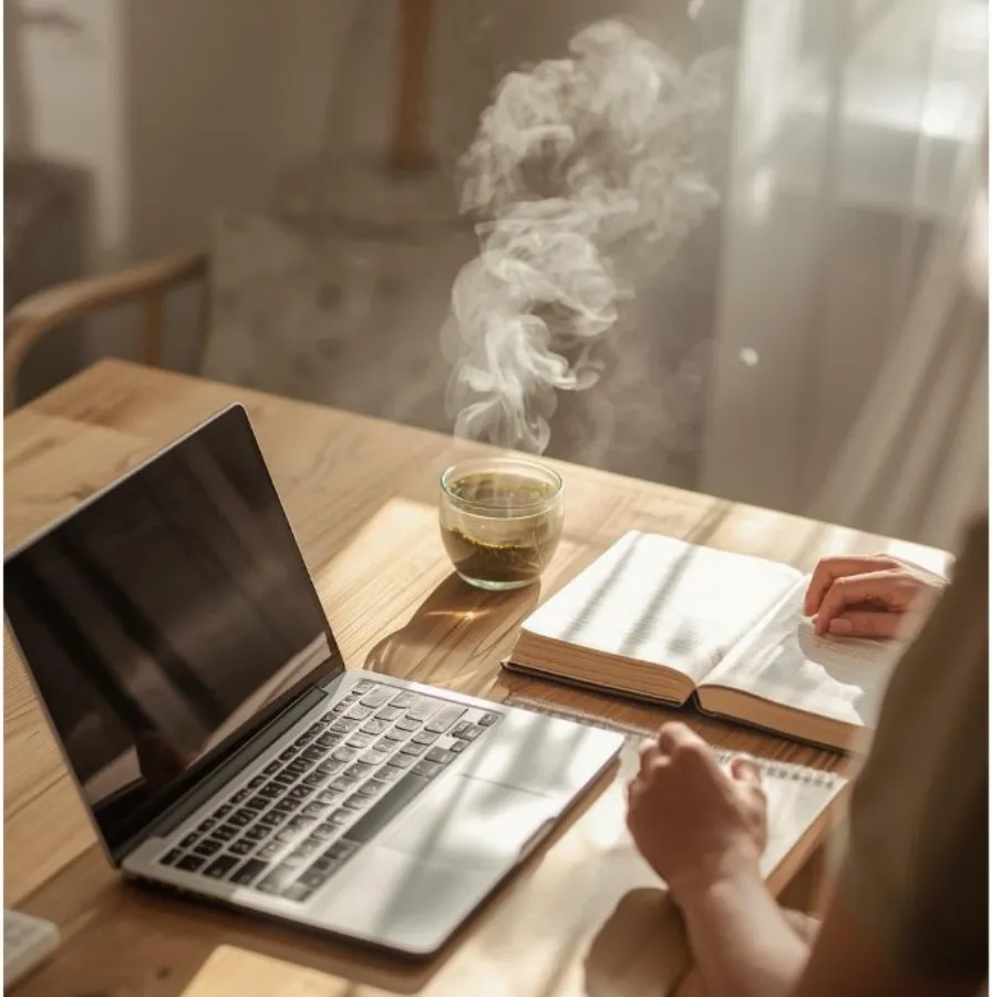 Person sitting at desk with a laptop and a steaming mug of tea