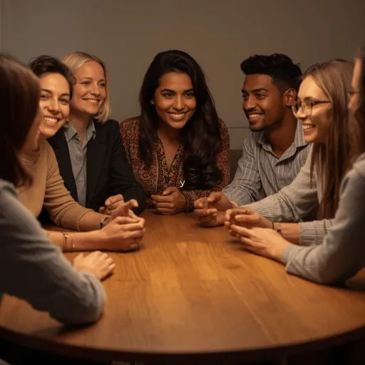 Diverse group of people chatting around a table