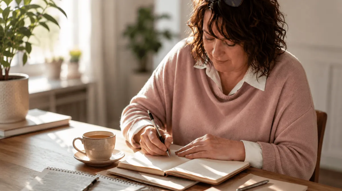 Woman sitting a desk wth a cup of tea writing in her ournal