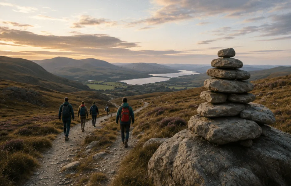 Group of people walking through nature with a stone cairn, symbolising navigation, connection and the journey through life's many layers.