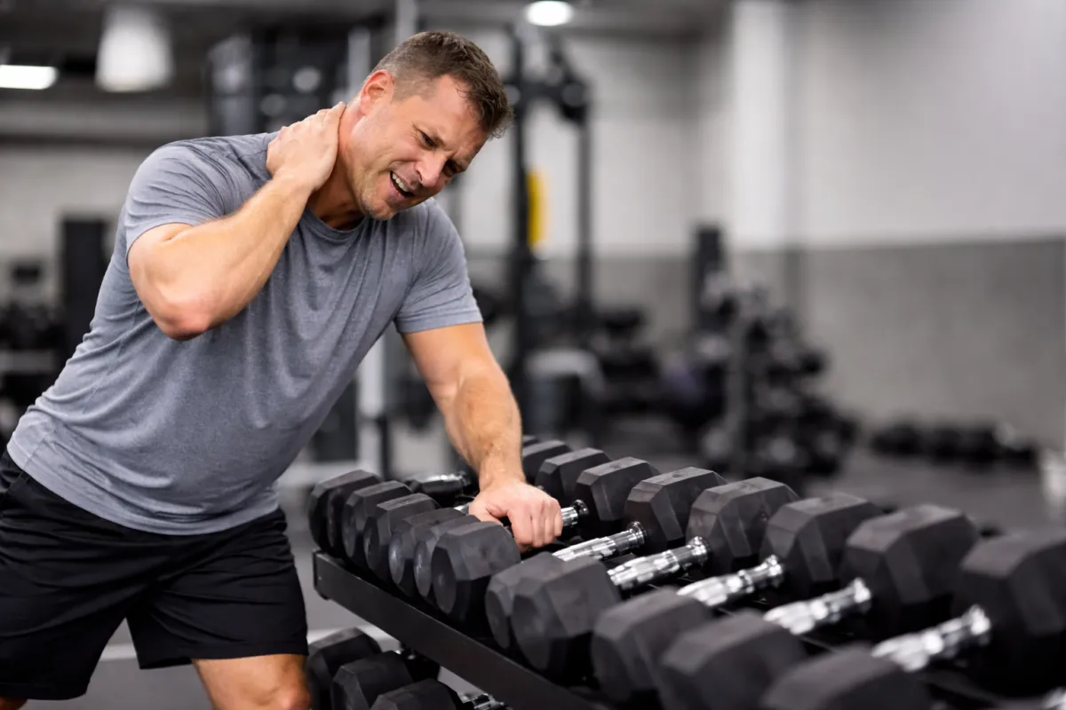 man with neck pain at gym