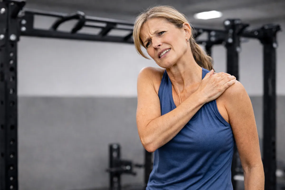 Fit woman with shoulder pain at gym