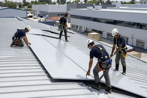 Three harness-equipped workers laying metal roofing panels on a flat commercial roof in Maple Grove