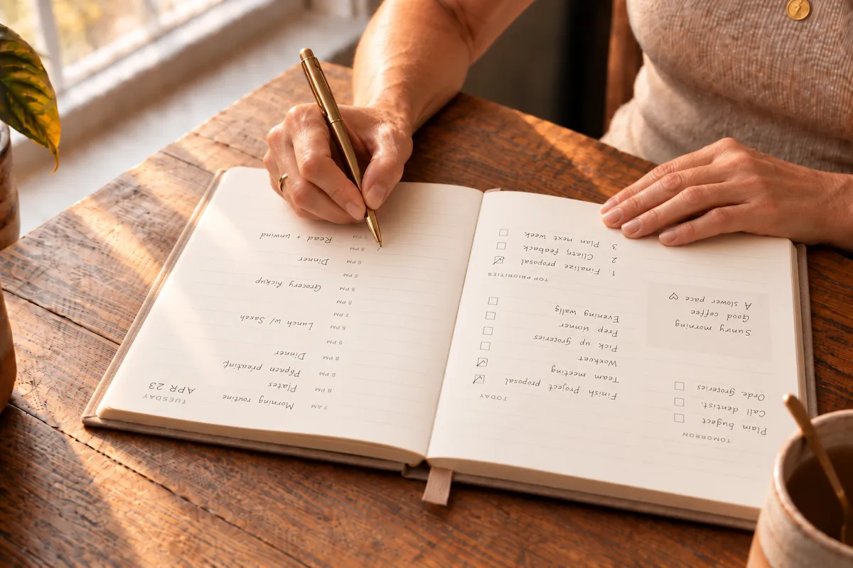 Woman sitting peacefully in natural morning light, journal resting beside her in calm contemplation